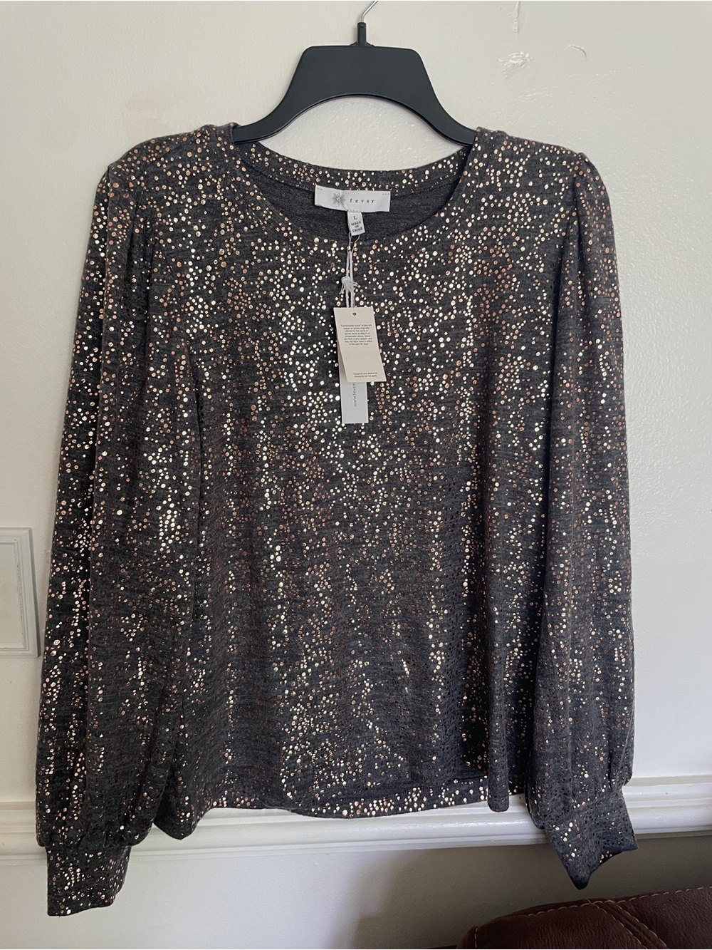 Fever Metallic Charcoal Sequin Long Sleeve Top